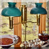 DL32. Double light student lamp with green glass shades.